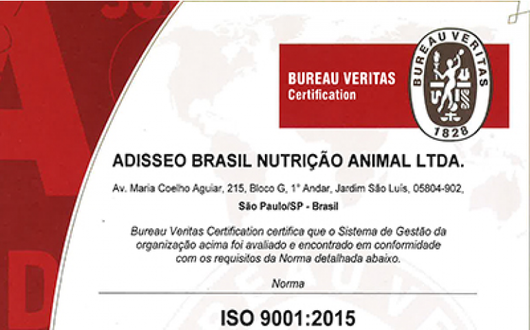 Adisseo recebe certificação dentro dos novos padrões da ISO 9001:2015 